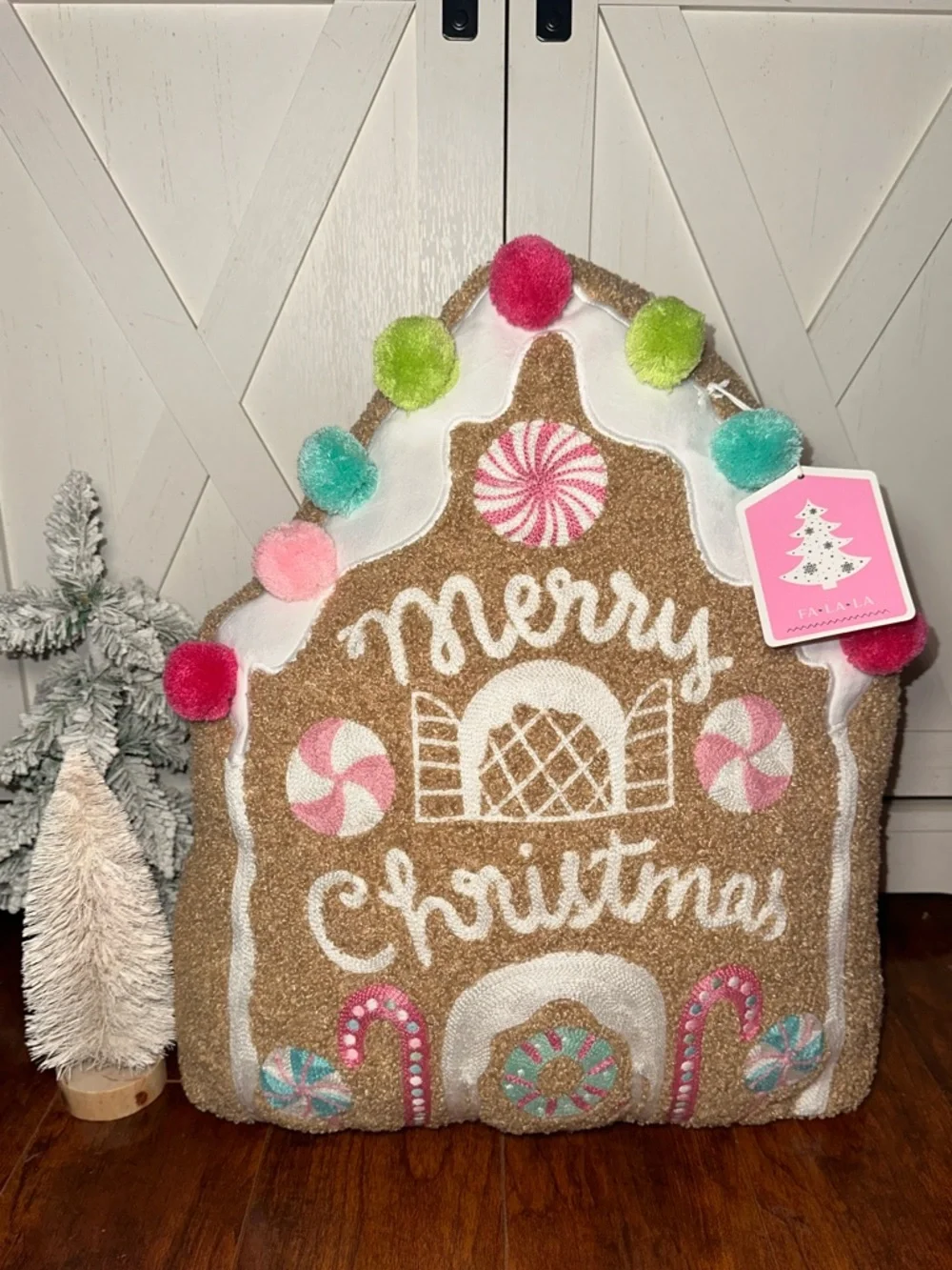 Pastel Gingerbread House “Merry Christmas” Decorative Pillow